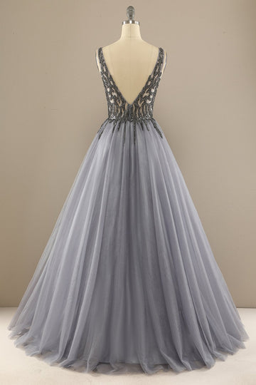 Gris V manches longues col perlé robe de bal